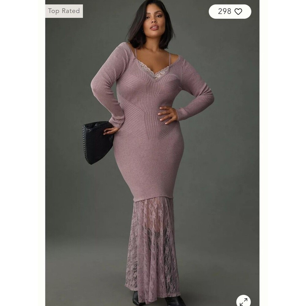 By Anthropologie V-Neck Lace Twofer Sweater Dress Maxi M Medium Blush Purple